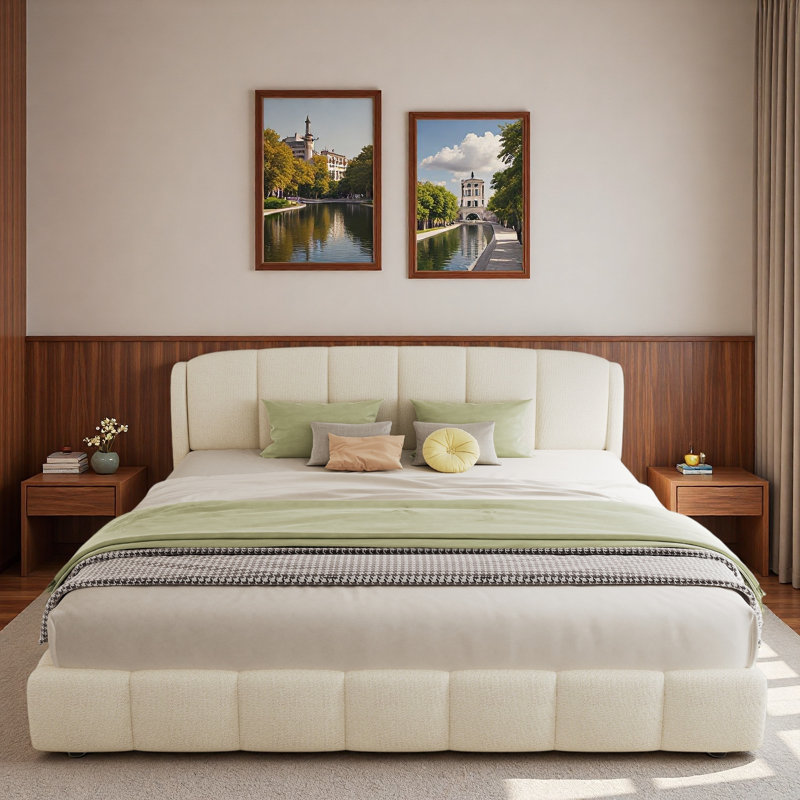 Lit plateforme tapissier Boucle avec tête de lit arrondie et pieds robustes