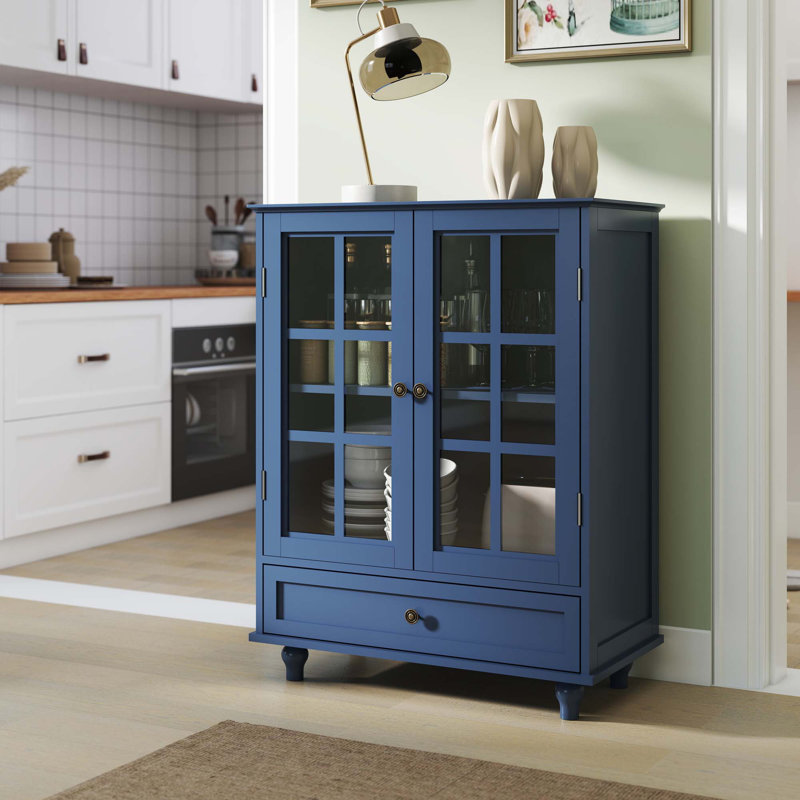 Buffet avec portes à double vitrage et tiroir, Bleu