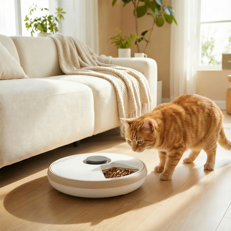 Mangeoire automatique pour chat avec minuterie pour 6 repas, brun clair