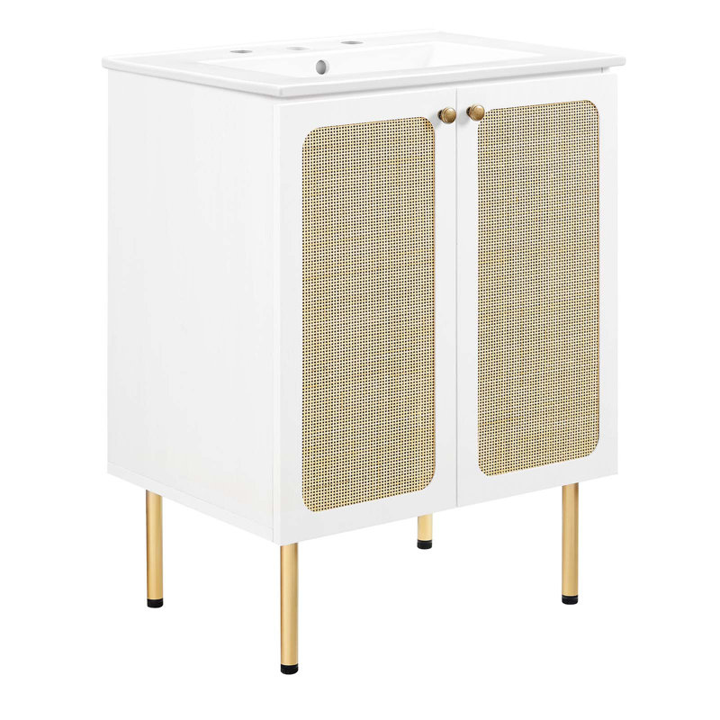 Meuble-lavabo simple 24,5 po avec plateau en bois Modway, Blanc, Blanc / doré