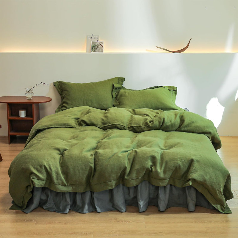 Ensemble de housse de couette 100% lin, Housse de couette très grand et 2 taies, Olive