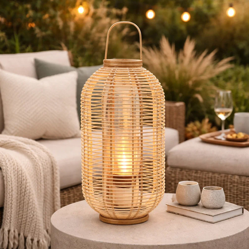 Rattan Bamboo Lantern With Glass Insert, Natural Beige Open Weave Frame