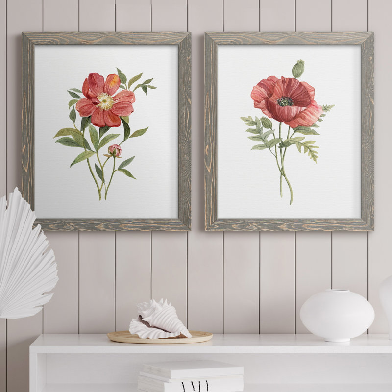 Pivoine écarlate - ensemble de 2 reproductions d'art, H 20 po x l 17 po x P 1 po, Toile avec cadre gris, Pas de tapis