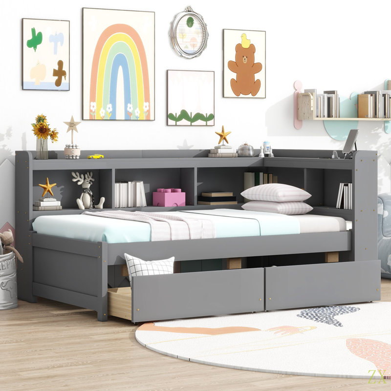 Twin Size L-Shaped Bookcases Bed With Power Outlets, USB Charging Ports,Two Drawers, Gray