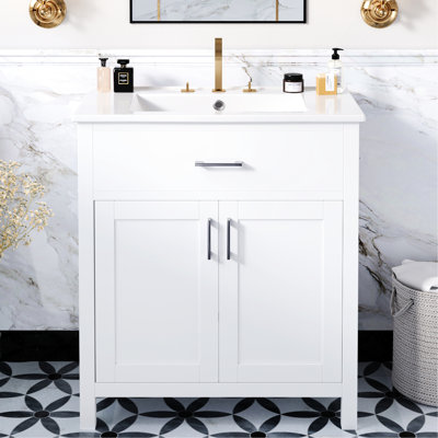 Meuble-lavabo de 30 pouces en bois massif +, lavabo en céramique avec trop-plein, options de rangement abondantes et généreuses pour les salles de bain compactes. Bois. Style blanc élégant