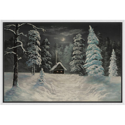«Snow Winter Moody Night Forest Landscape Rustic Cabin Cottage», reproduction d'art sur toile encadrée