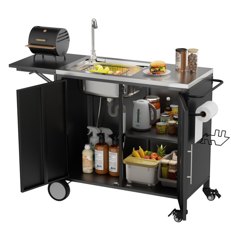Chariot de barbecue multi-usages avec évier et plateau pliable, table de travail en métal, roulettes pour jardin, acier inoxydable 304, armoire de cuisine avec système de drainage, 360 roues, travail spacieux