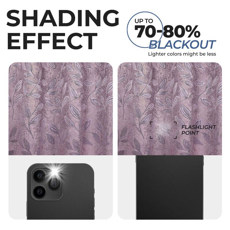  Modern Bohemian Leaves Pattern 100% Polyester Machine Washable Room Darkening Blackout Curtains, Wisteria, 36" W x 84" L
