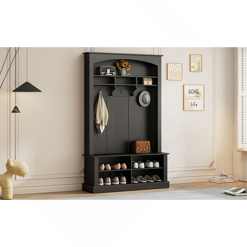 Arbre d'entrée Rafaelita avec banc et rangement pour chaussures, banc de rangement multifonctionnel avec 3 crochets de suspension