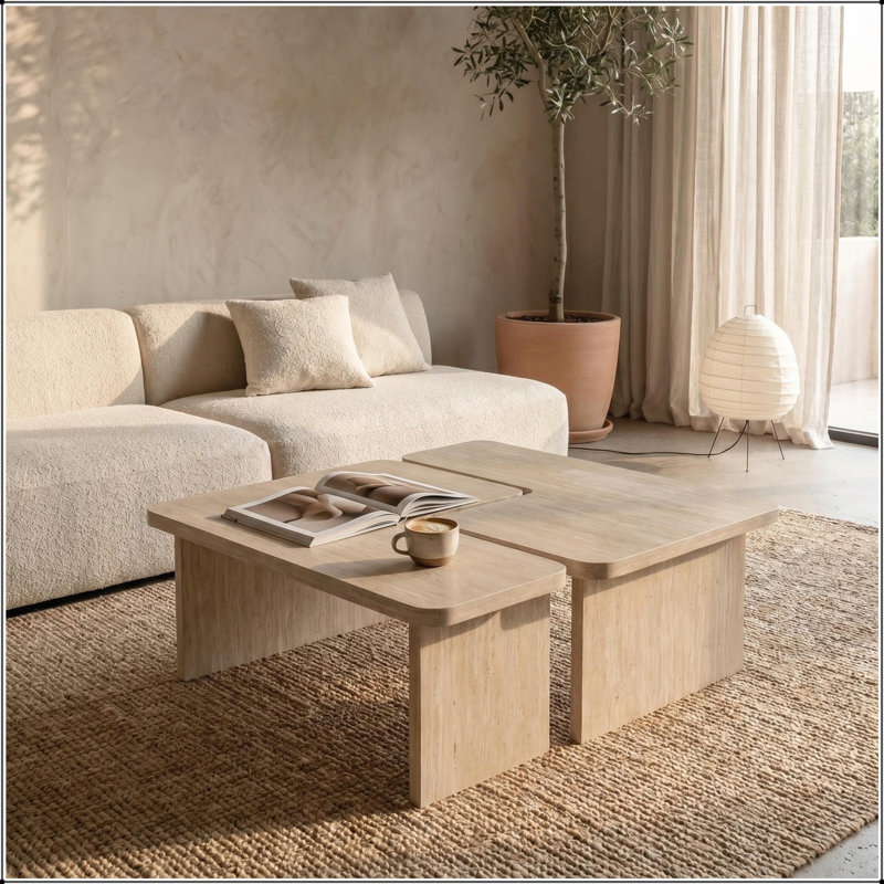 Ensemble de 2 tables basses modulables en travertin, ensemble de tables gigognes en forme de L pour petits espaces et salons, beige crème