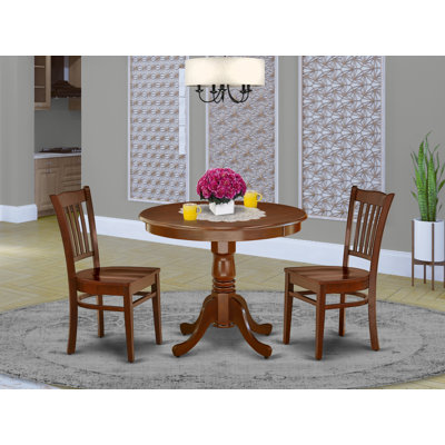 Ensemble de coin-repas 3 pièces pour petits espaces comprenant une table de salle à manger ronde avec piédestal et 2 chaises de cuisine, acajou 