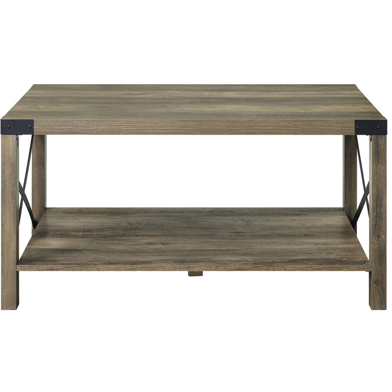 Table basse à finition rustique avec plateau en particules et support en métal rectangulaire Profondeur des pieds de l'ensemble
