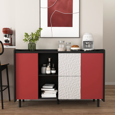 Armoire d'appoint moderne avec finition noire et rouge, 2 tiroirs et amplement de rangement pour une cuisine, une salle à manger et un buffet