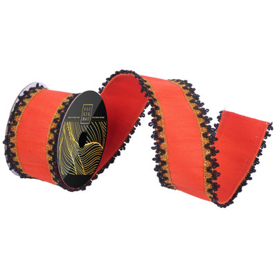 3" x 10yd Orange Dupion Wired Ribbon with Metallic Embroidery.ange Dupion Backing. Measuring 3 inches in width and 10 yards in length, it's perfect for a variety of festive projects.
