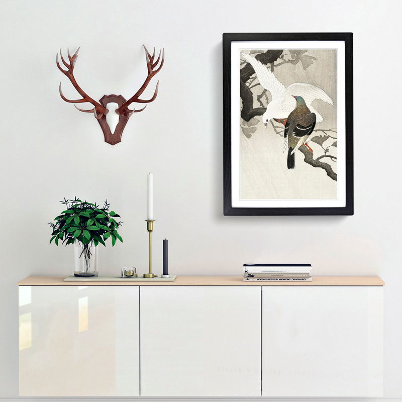 Two Pigeons on a Branch by Ohara Koson - Picture Frame Painting Print, 36cm H x 27cm W x 2cm D, Black Framed