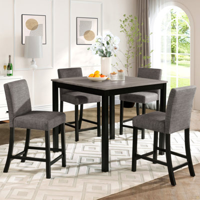 Ensemble de table 5 pièces à hauteur de comptoir avec 4 chaises, ensemble de table à hauteur de comptoir pour 4 avec chaises, ensemble de table à hauteur de comptoir en bois pour la cuisine, la salle à manger, gris clair et noir deux tons