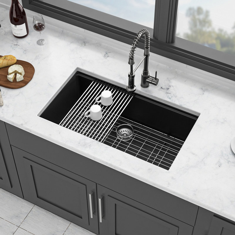 Quartz Kitchen Sink - 33X19" Black Granite Composite Workstation Undermount Kitchen Sink, Black