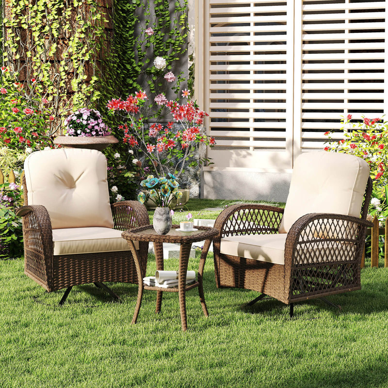 3 Pcs Patio Swivel Rocker Set Gliding Bistro Furniture Set With Tempered Glass Table, Beige