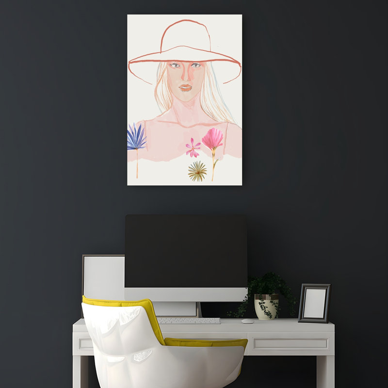 «Serene Woman Summer Hat Delicate Dreamy Elegant Flower Portrait», reproduction d'art murale, 18" H x 12" W