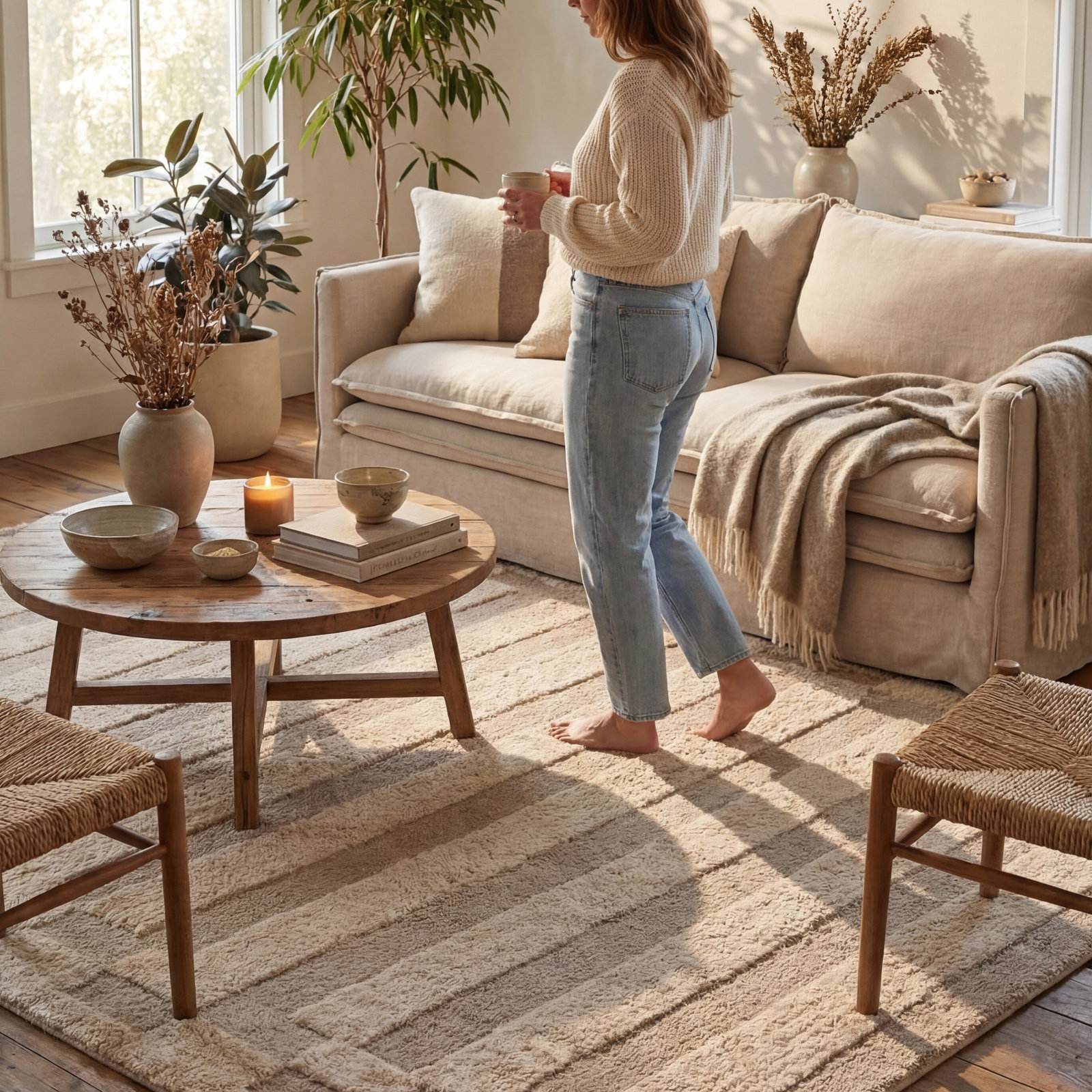 Velaina Washable Hand-Woven Striped Wool Rug, Rectangle 9' x 12'
