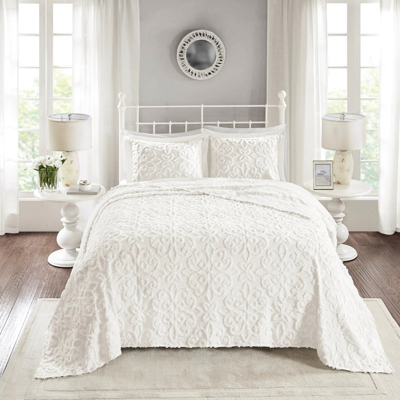 Couvre-lit en coton chenille - double / grand, 3 pièces, avec 2 taies décoratives, pour une pièce de chambre élégante, reposant