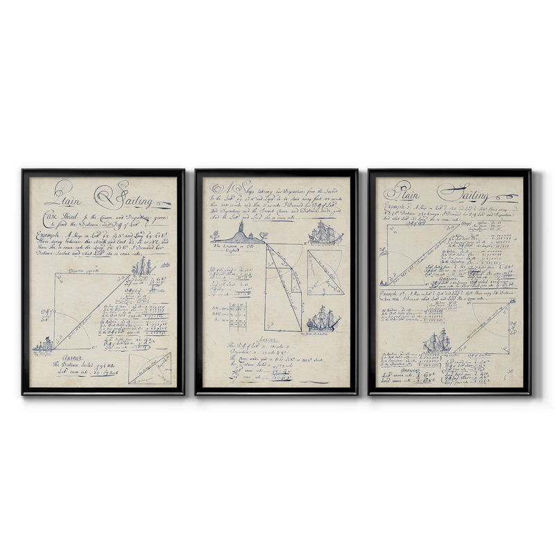 «Nautical Journal IV», ensemble de 3 impressions sur toile encadrées, H 26,5 po x l 109,5 po x P 1,5 po, Cadre noir