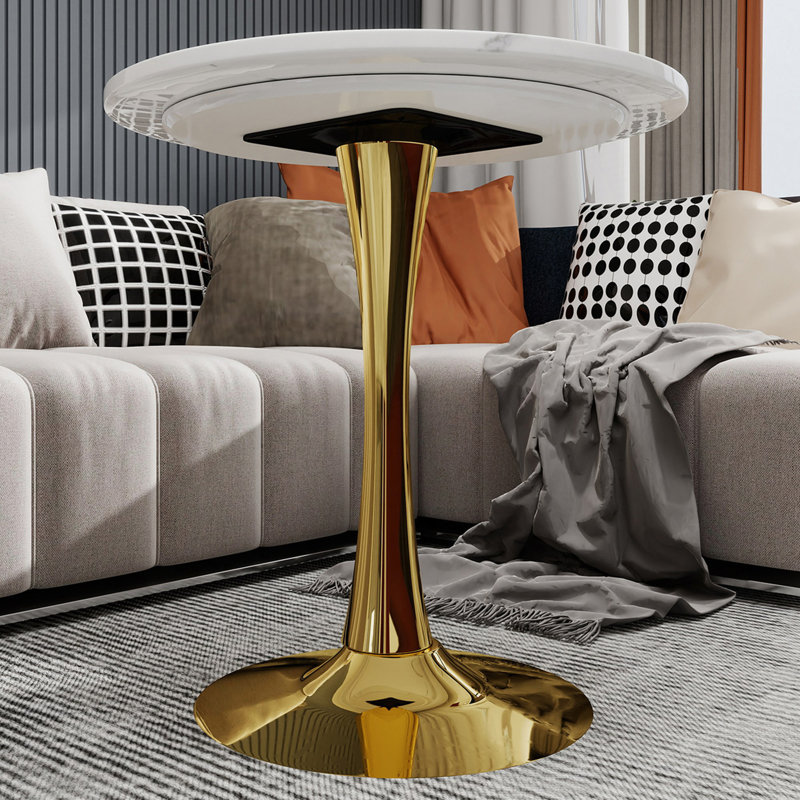 Table d'appoint ronde avec piédestal conique, Blanc, Doré