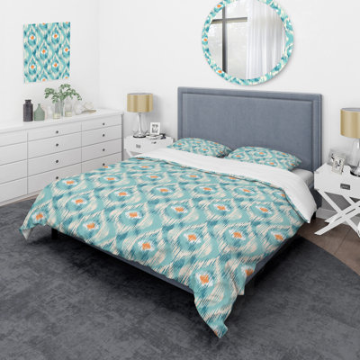 Blue Vintage Ikat Polyester Damask Duvet Cover