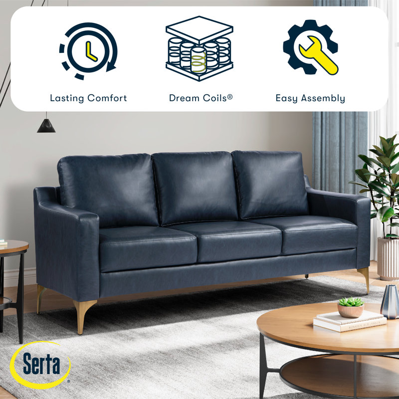 Serta® Turner 68.9" Square Arm Faux Leather Sofa, Brushed Bronze, Navy Blue Faux Leather