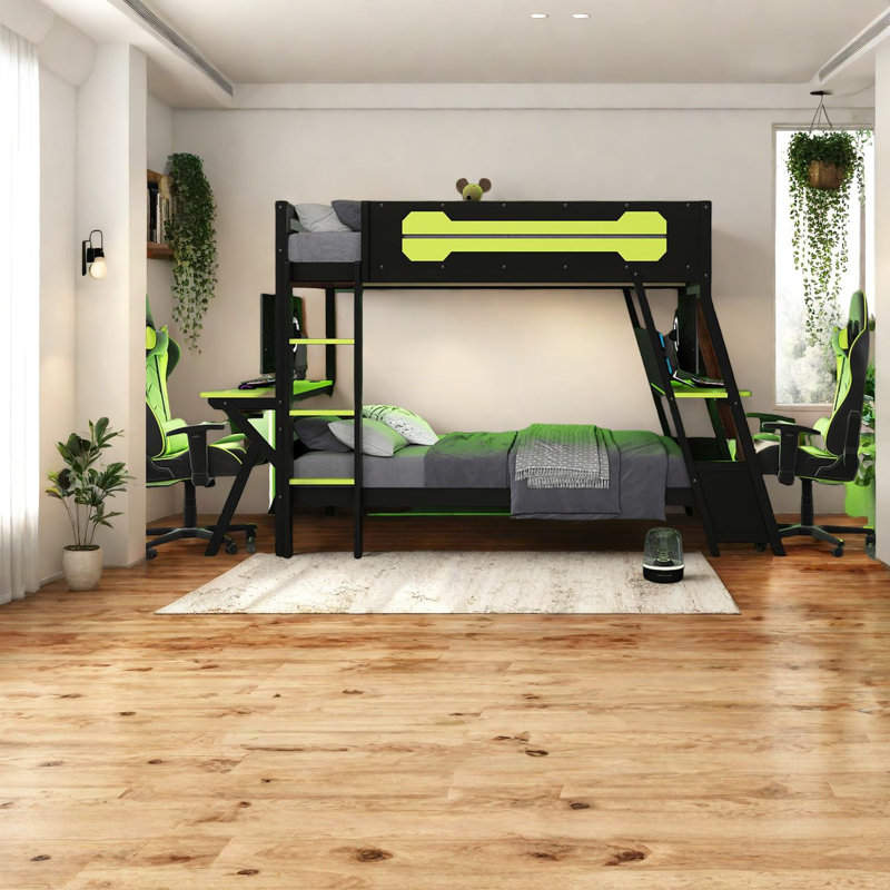 Lits simples superposés multifonctionnels, structure en bois, configuration de jeu, espace pour la maison