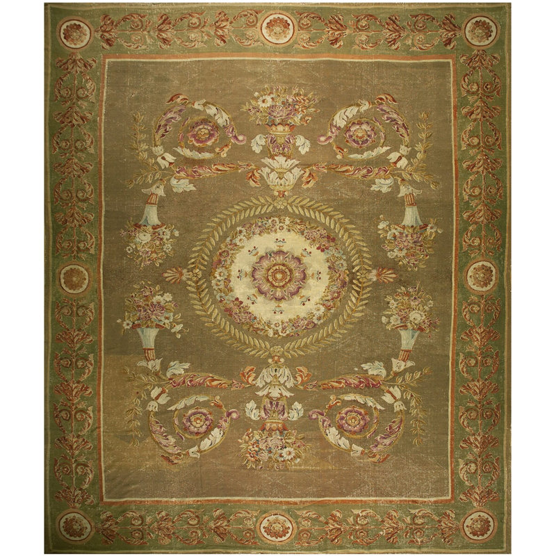 Antique Large Aubusson French Floral, Medallion Knotted Rug