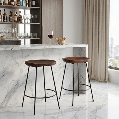 Set of Two 25" Chestnut and Black Solid Wood and Steel Backless Counter Height Bar Chairs