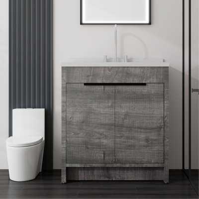 Meuble-lavabo autoportant 36 po avec lavabo 36 po, porte à fermeture en douceur, comptoir et dosseret en marbre de culture blanc de 2 po Carrara, contreplaqué, gris