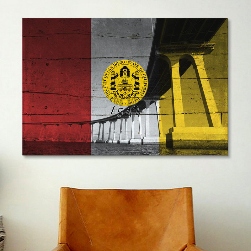 Drapeau de San Diego, pont Coronado avec planches, impression sur toile, H 12 po x l 18 po x P 1,5 po