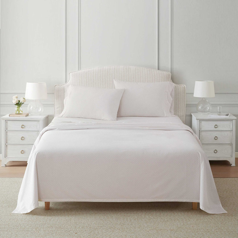 Martha Stewart Cotton Percale  Sheet Set, Twin Extra Long Sheet Set with 1 Pillowcase, Polka Dot Pink
