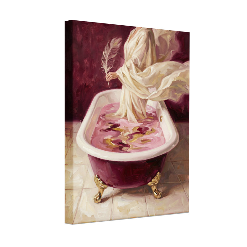 Bath & Laundry - Élégante figurine dans un bain avec des plumes et des pétales, H 18 po x l 12 po