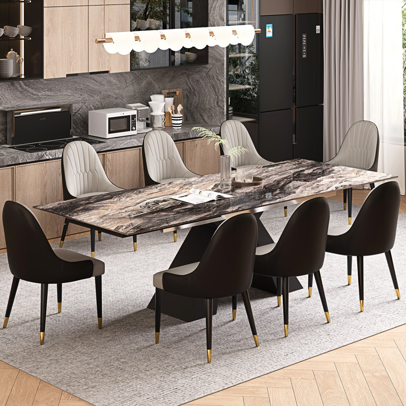 Dining Table Set For 8 With 78.7''-110.2'' Extendable Sintered Stone Dining Table Top And 8 Faux Leather Dining Chairs, Beige
