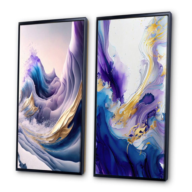 «Blue, Gold and Purple Splash Paint IV», 2 pièces sur toile, Cadre noir, H 40 po x l 40 po