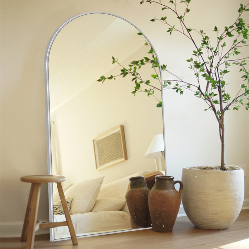 Miroir arqué pleine longueur avec support, miroir de corps entier en alliage d'aluminium, Argent argent, 71 po x 32 po
