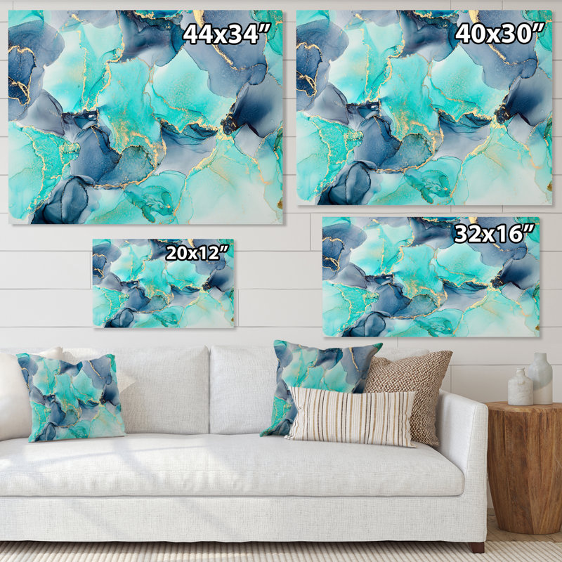 Turquoise de luxe abstrait, art fluide IV - peinture sur toile, H 16 po x l 32 po x P 1 po, Toile tendue