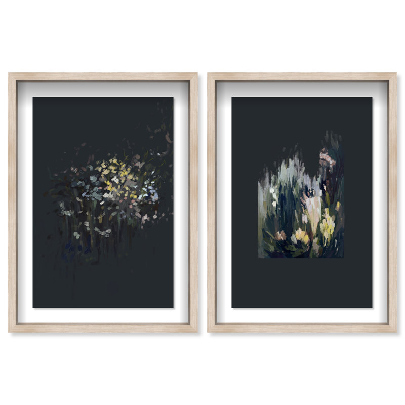 Midnight Flora Set Shadowbox Floral & Botanical Print by Oliver Gal, Black Frame, 10 x 15, 17"H x 25"W, Natural Oak Shadowbox