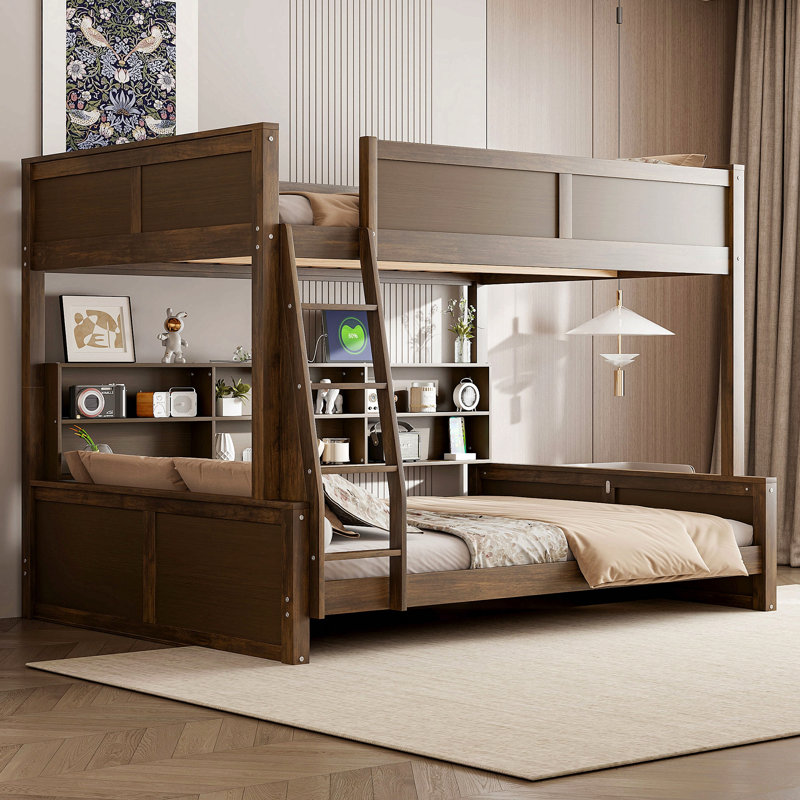 Lit superposé avec armoires de rangement et ports USB, Bois