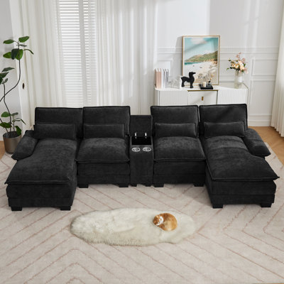 Canapé modulaire en U 125,6 po avec méridiennes, console de rangement, ports de chargement USB, porte-gobelets, chenille