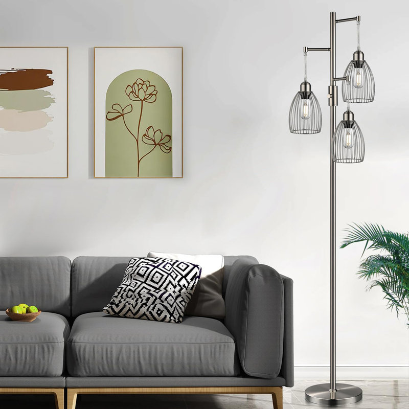 Farmhouse Industrial Floor Lamp Standing Tree Lamp With Elegant Teardrop Cage Tall Lamps, Brushed Nickel