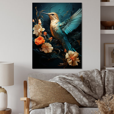 «Blue Essence of Emerald Hummingbird» - Art mural en métal avec colibri