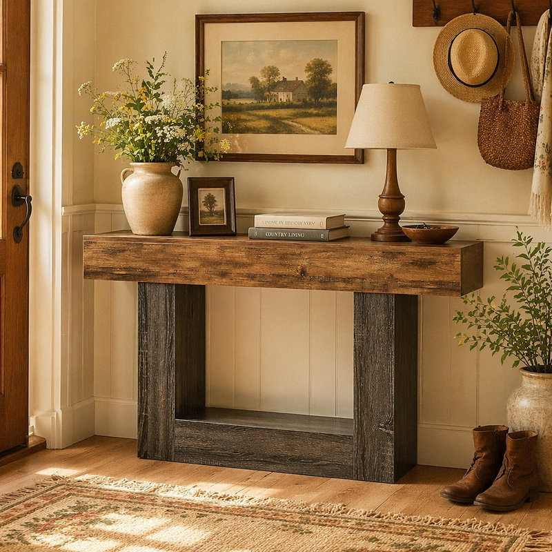 63" Wooden Console Table, Farmhouse 2-Tier Sofa Table Entryway Table, Brown