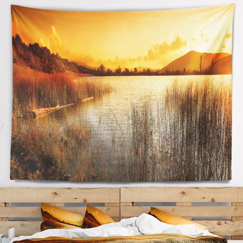 Paysage, soirée calme avec tapisserie du lac et des montagnes, H 50 po x l 60 po