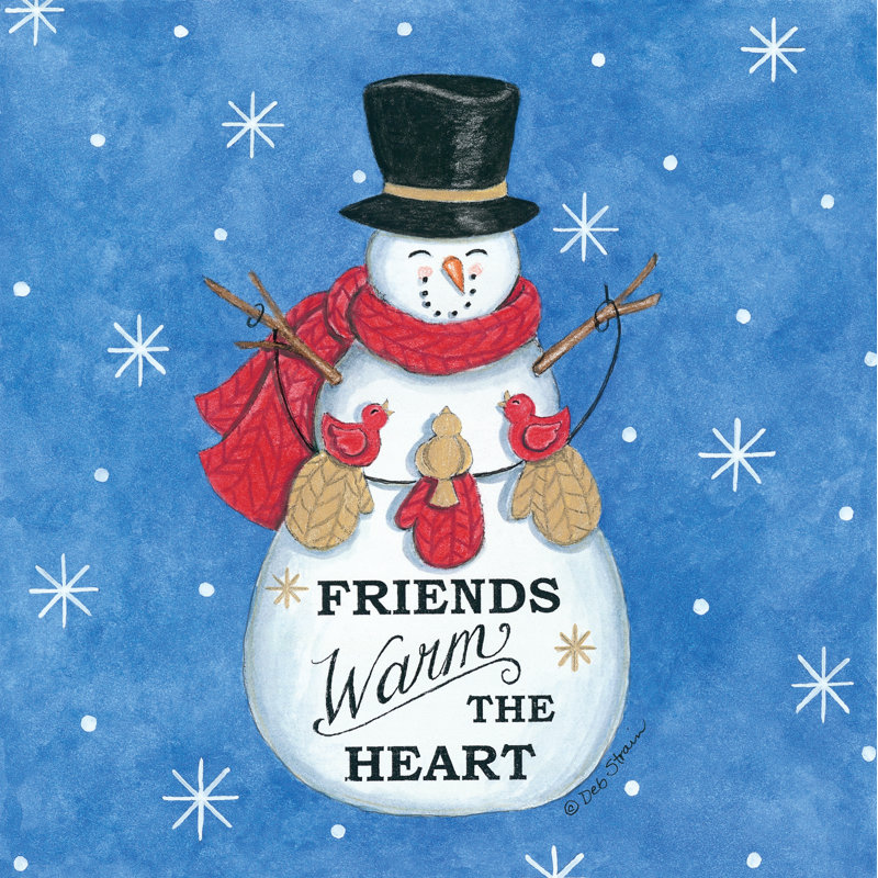 «Friends Snowman» par Deb Strain - reproduction, L 36 po x H 36 po, Non, Toile avec cadre flottant or
