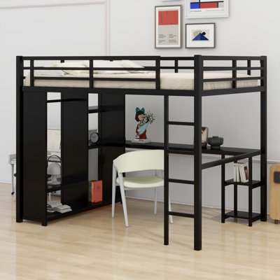 Structure de lit mezzanine avec garde-robe, bureau et tablettes de rangement