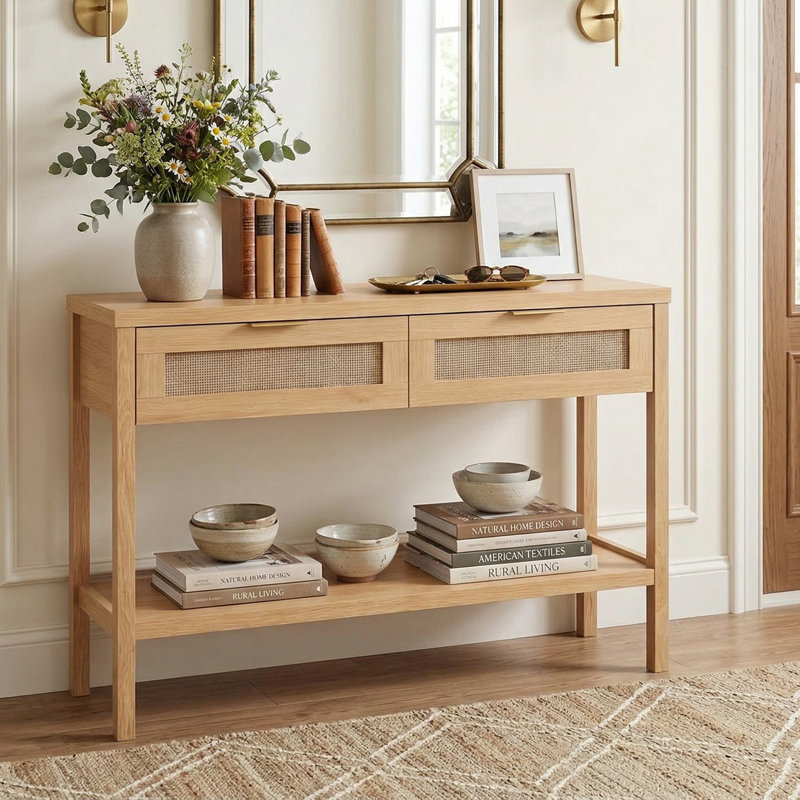 Boho Rattan Console Table, 2 Smooth Silent Drawers & Spacious Open Bottom Storage Shelf, Scratch-Resistant Finish & Anti-Tip Design, Fits Entryway, Living Room